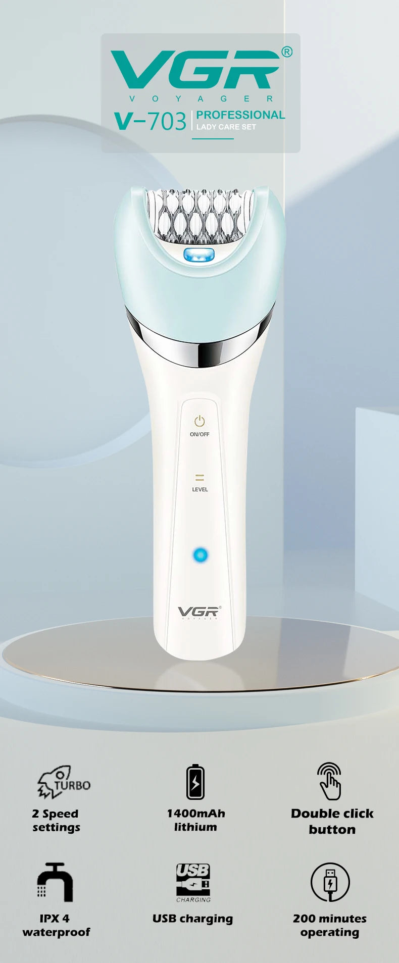 VGR Epilator Rechargeable Hair Remover Leg Body Portable Lady Shaver Hair Removal Tool Underarms Facial Epilator for Women V-703